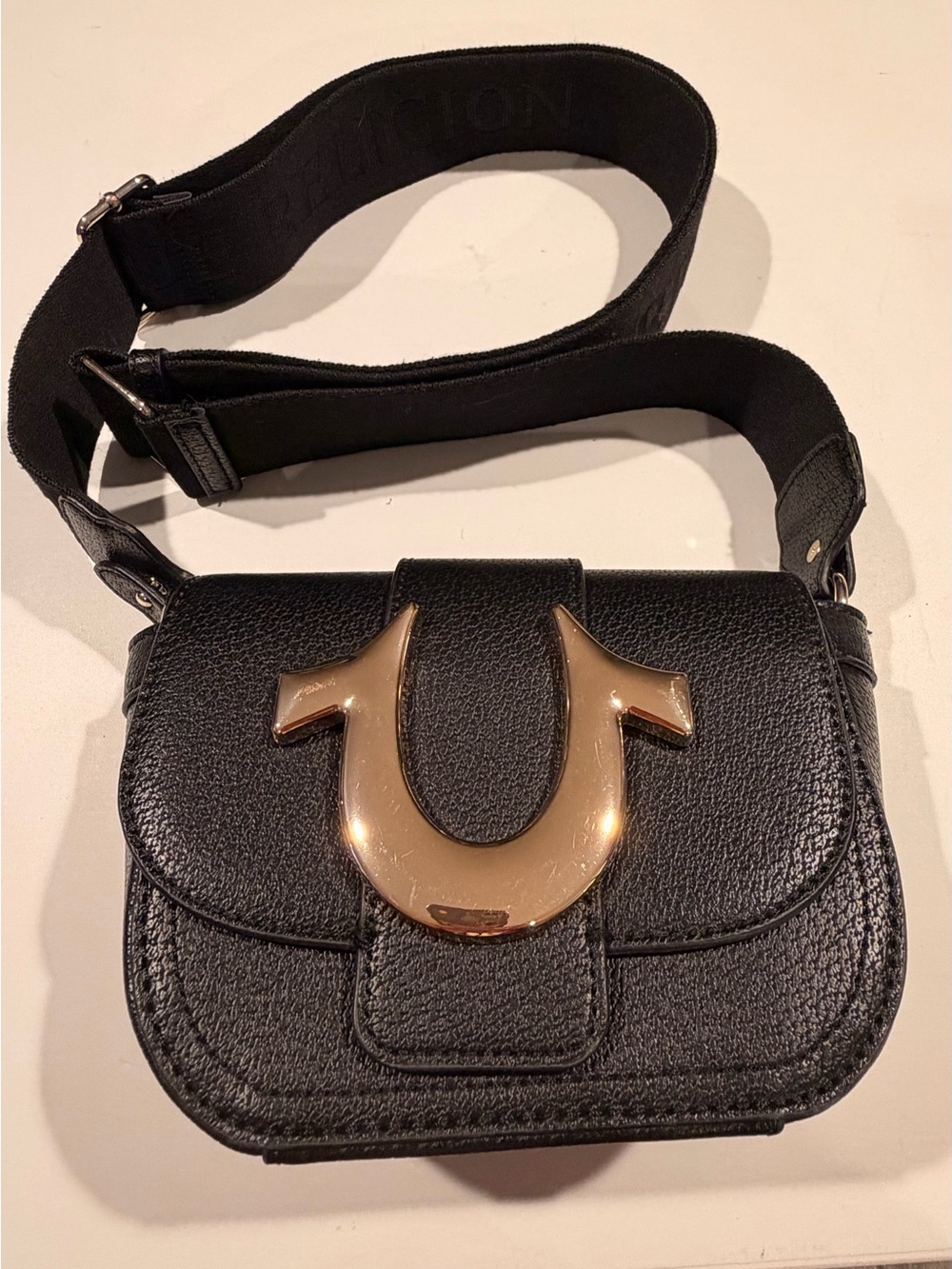True Religion Black Mini Flap Crossbody Bag with Gold Horseshoe Logo